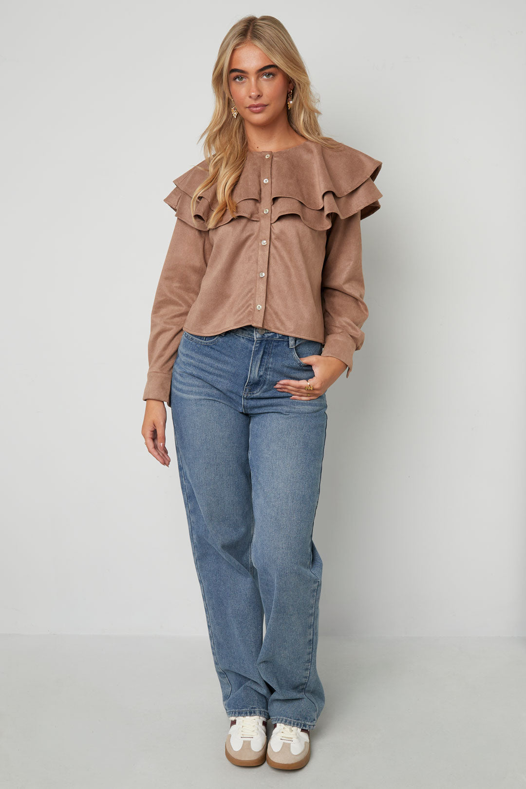 Woven Polyester Fiber Women's Blouse Elegant Ruffle Trim