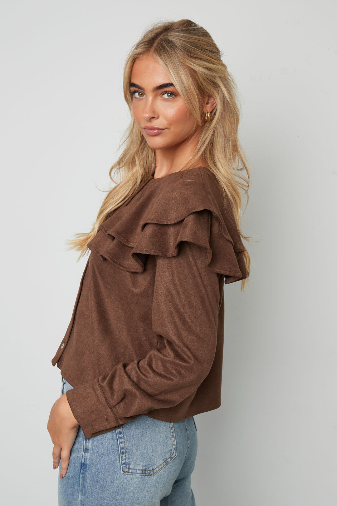 Woven Polyester Fiber Women's Blouse Elegant Ruffle Trim